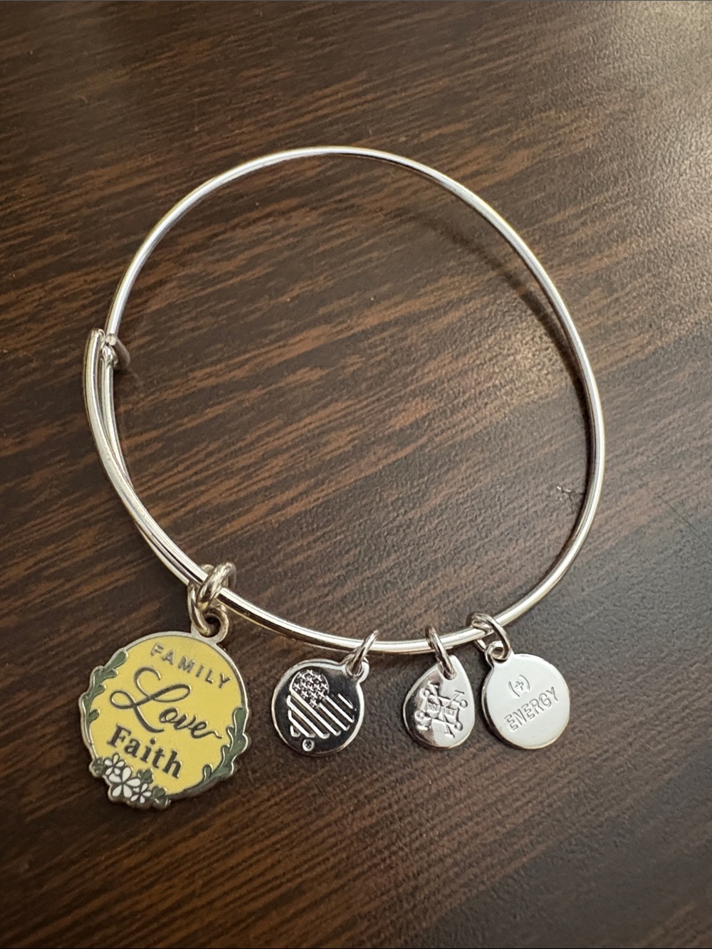 Alex and Ani Silver Tone Bangle with Yellow 'Love Faith' Charm